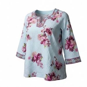 John Mark Womens Size XL Blue‎ Floral Beaded V-Neck Linen Blend Tunic NWT